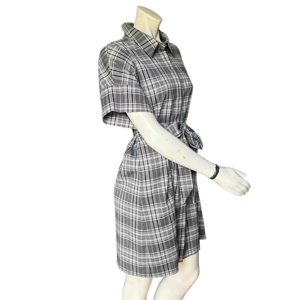Alice + Olivia Lucette Plaid Belted Mini Dress Black & Gray Size Large - Picture 7 of 11